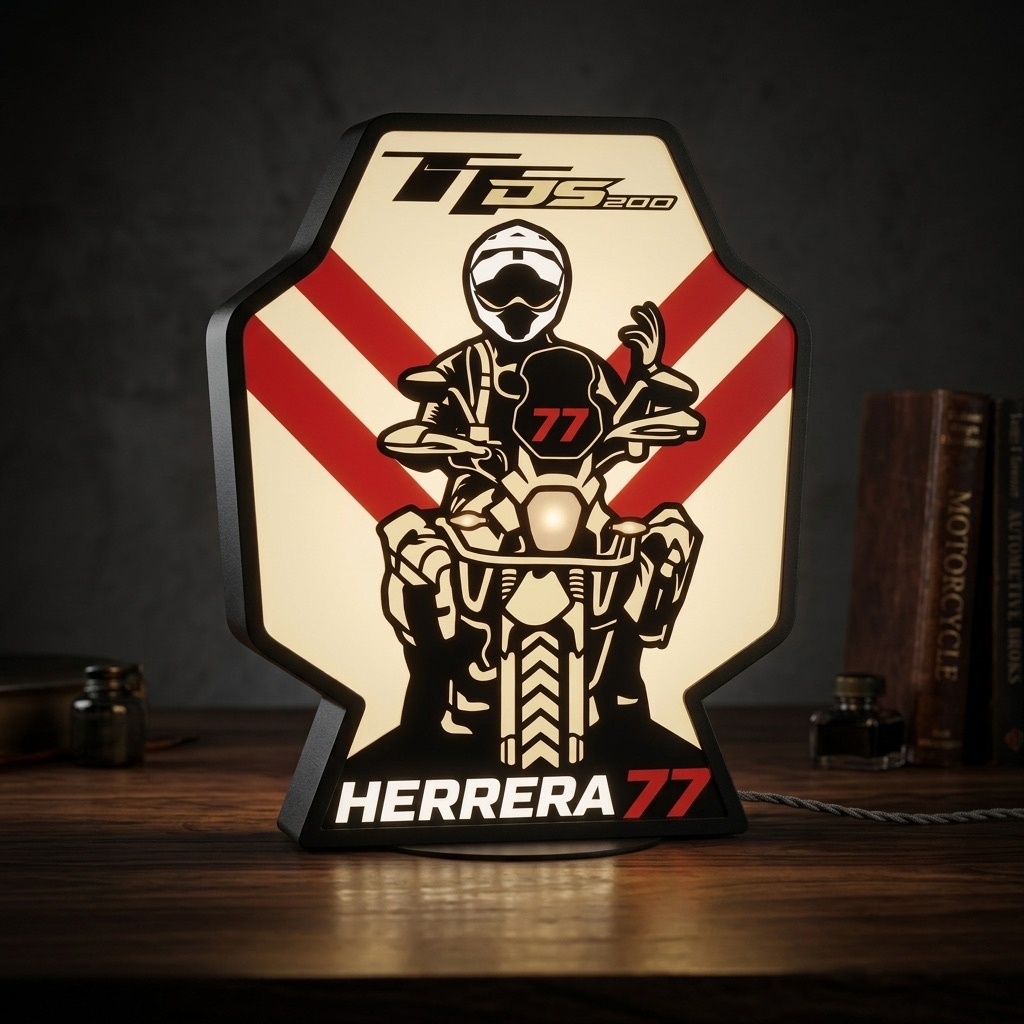 Lámpara encendida de una TT 95 roja y blanca, con el alias «Herrera 77»