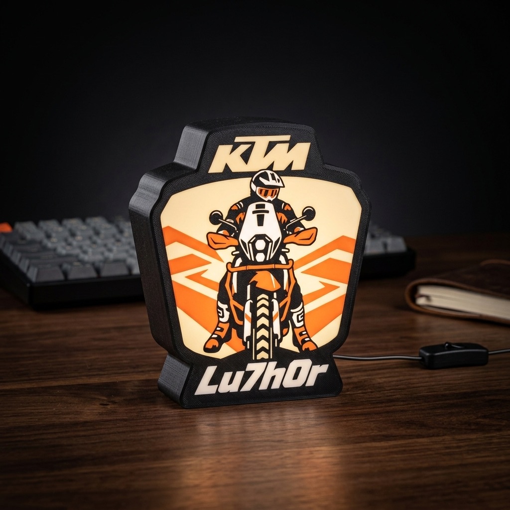 Lámpara encendida de una KTM naranja, con el alias «Lu7h0r»
