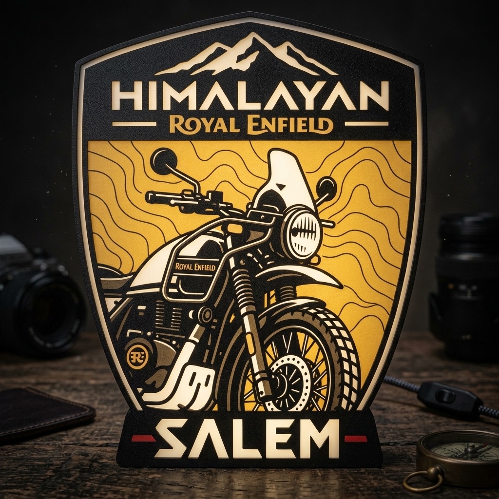 Lámpara encendida de una Royal Enfield Himalayan en dorado, con el nombre «Salem»