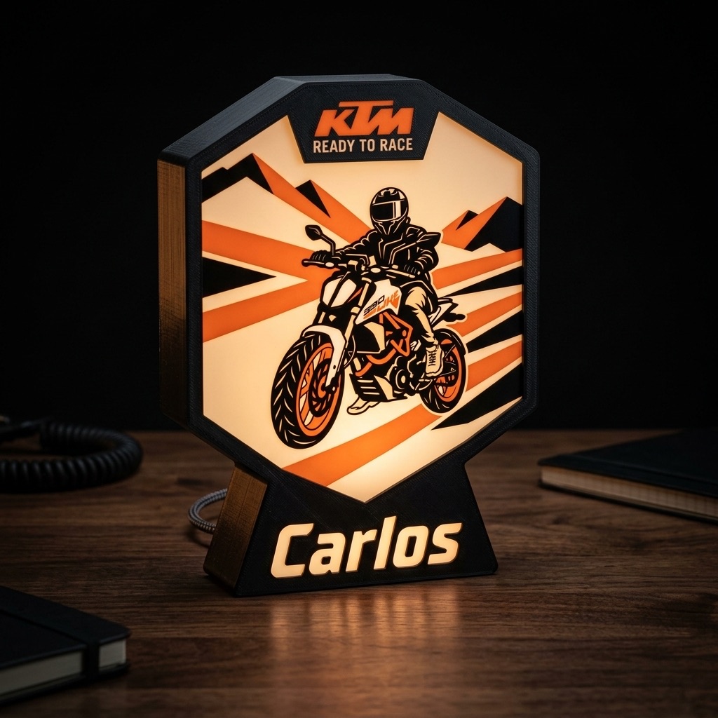 Lámpara encendida de una KTM de enduro, con el nombre «Carlos»