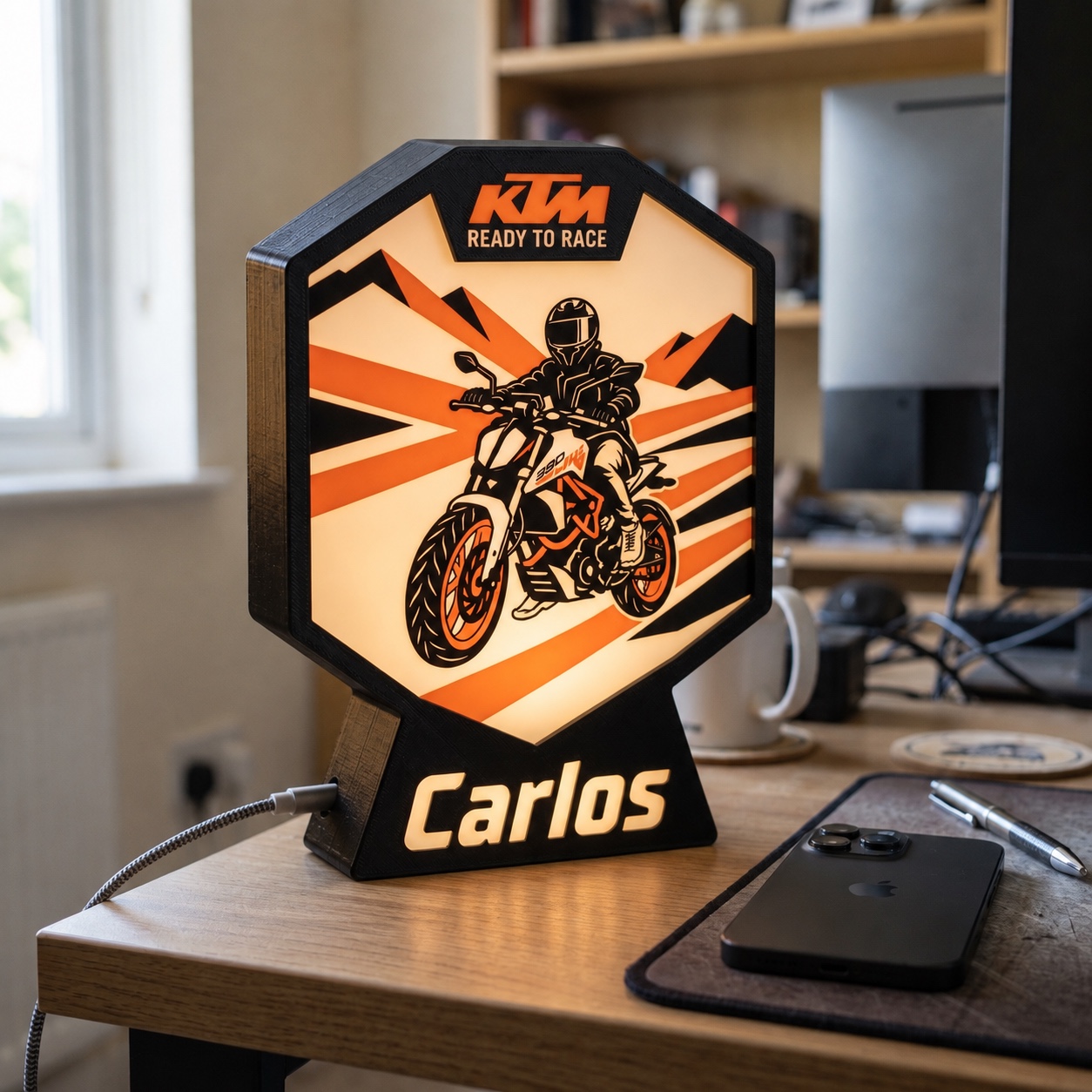 Lámpara KTM encendida con el nombre «Carlos», al lado de un celular para comparar el tamaño